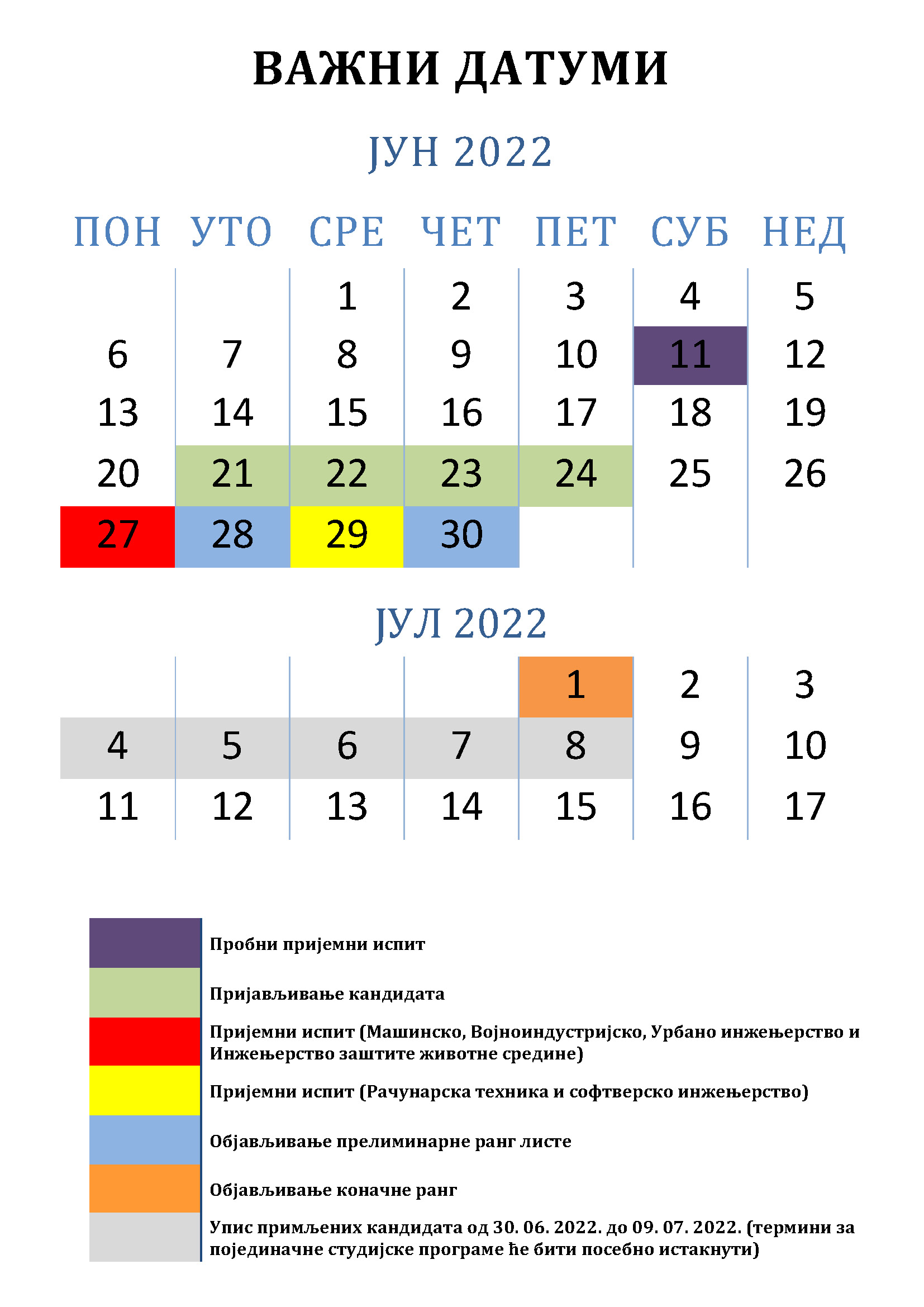 Tabla Vazni datumi 2022